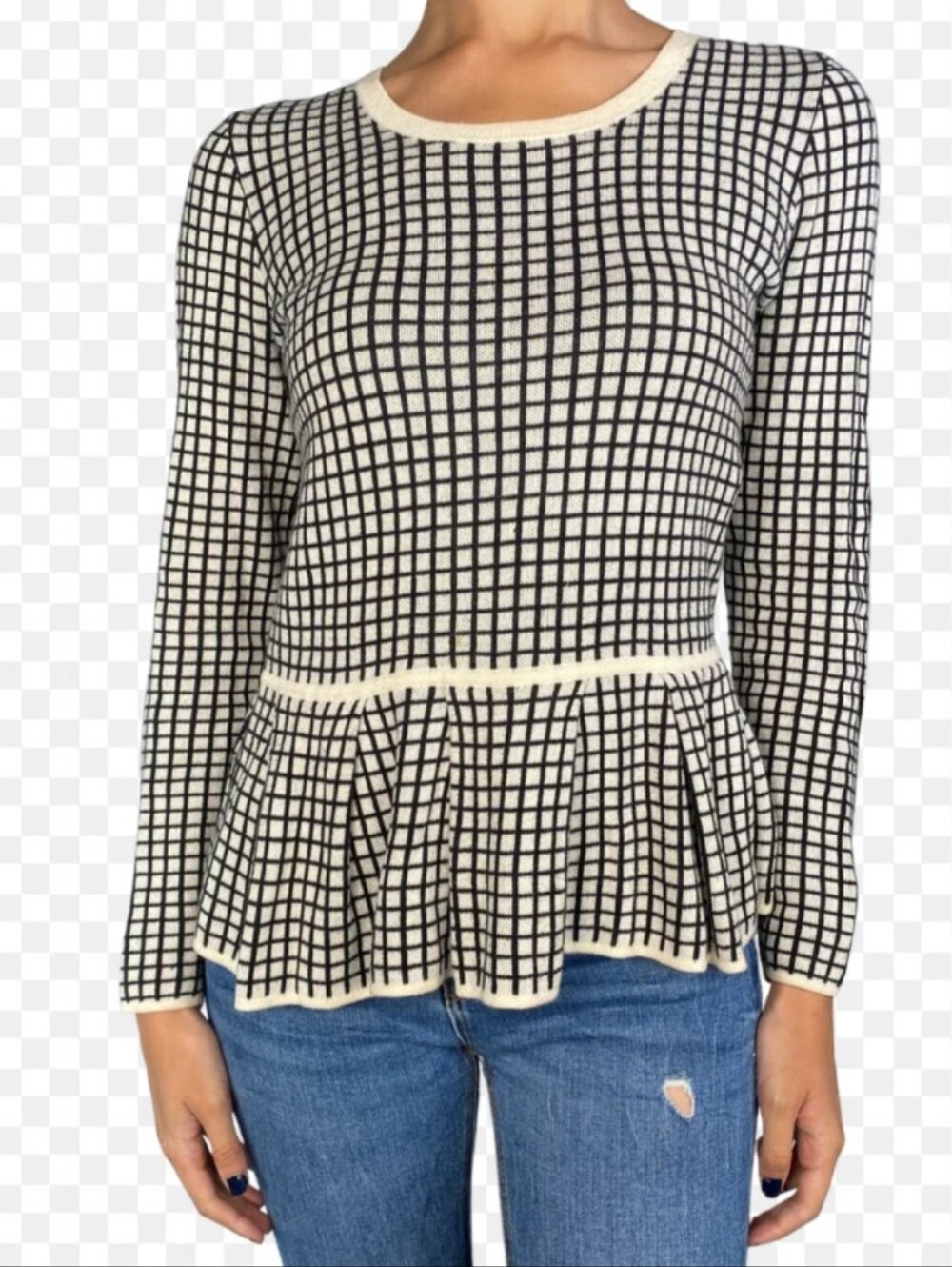 Banana Republic Black & White Grid Peplum Knit Long Sleeve Top